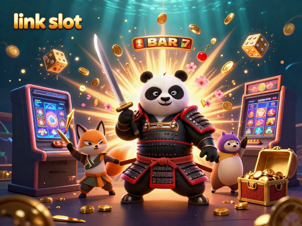 Experience the excitement of slot machines with link slot visuals featuring a panda samurai, ninja fox, and gold treasures.