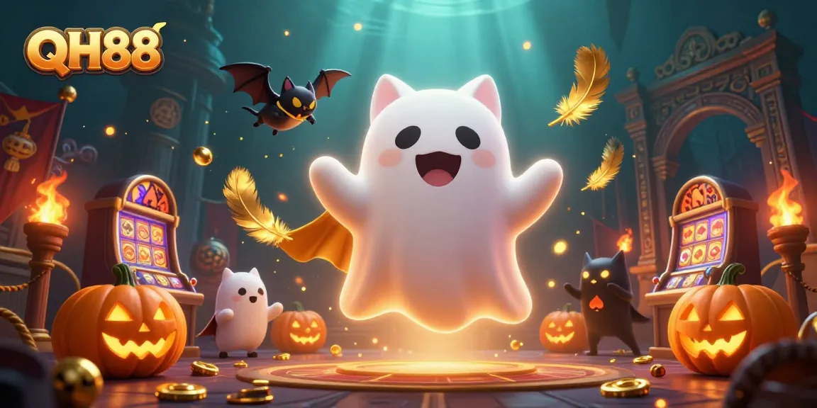 Engage in thrilling gameplay with QH88's ghost cat and vibrant casino elements lighting the night.