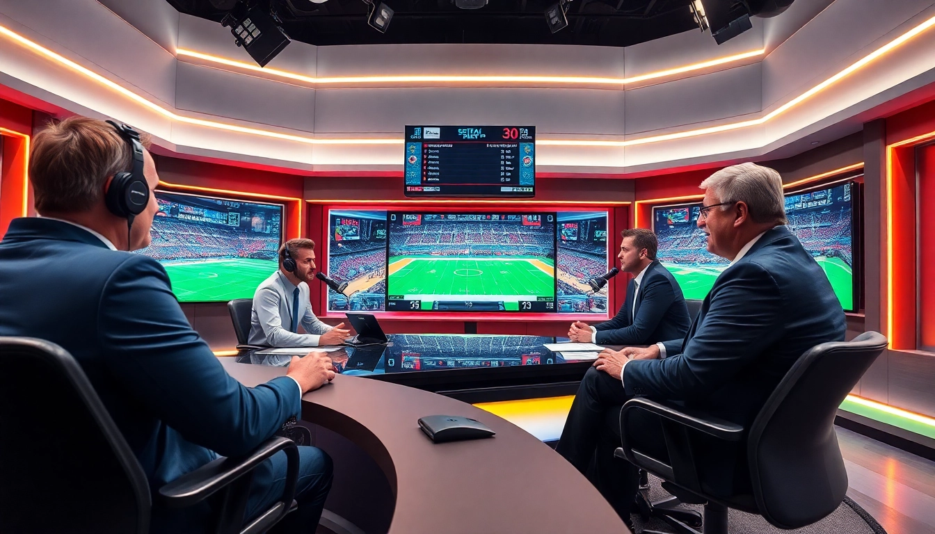 Engaging sports broadcasting hosts in a vibrant studio, conveying excitement in sports broadcasting.