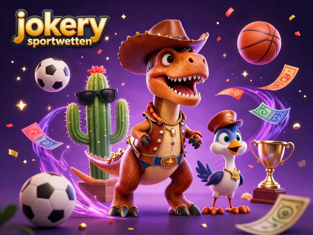 Engage in jokery sportwetten with a colorful, dynamic 3D illustration of a T-Rex cowboy and friends.
