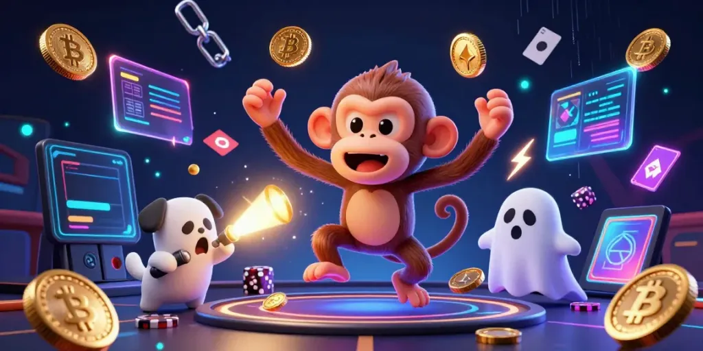 11win entices players in a vibrant casino with a mischievous monkey juggling golden objects and a curious puppy tracking its antics.