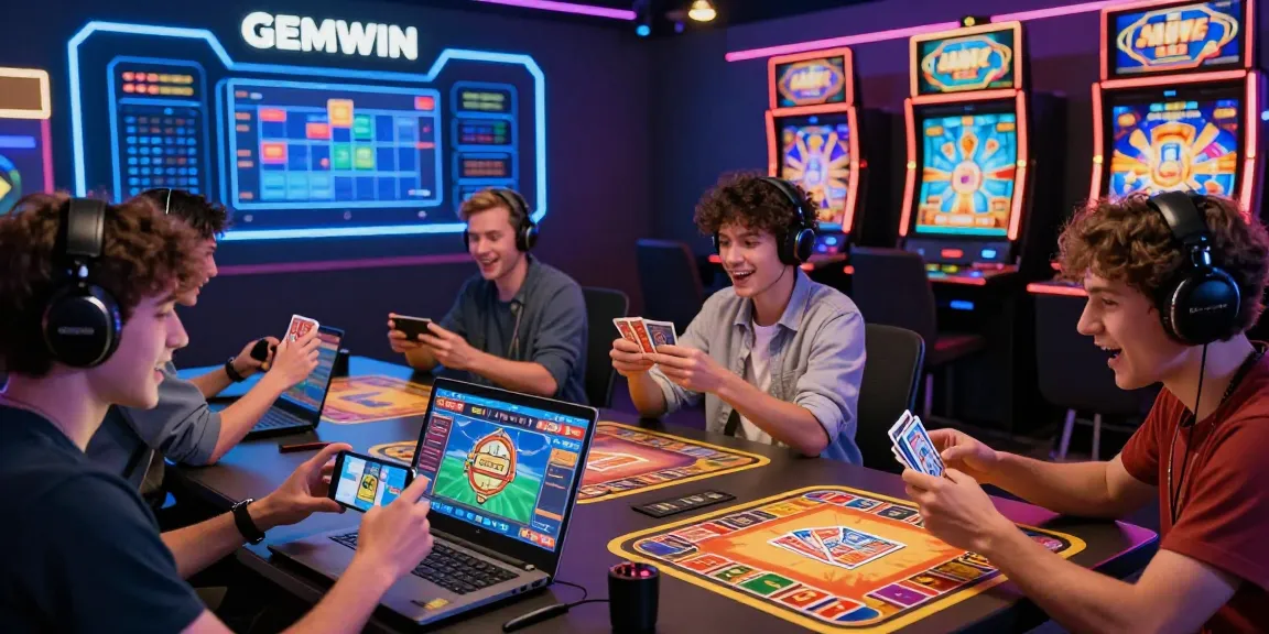 Engaging gaming scene highlighting diverse players enjoying https://gemwin.pics/ with modern devices and exciting games, vibrant atmosphere.