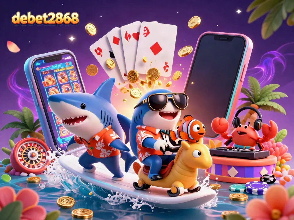 View the exciting scene of debet2868 with a hammer-head shark surfing on gold coins, showcasing dynamic casino elements.