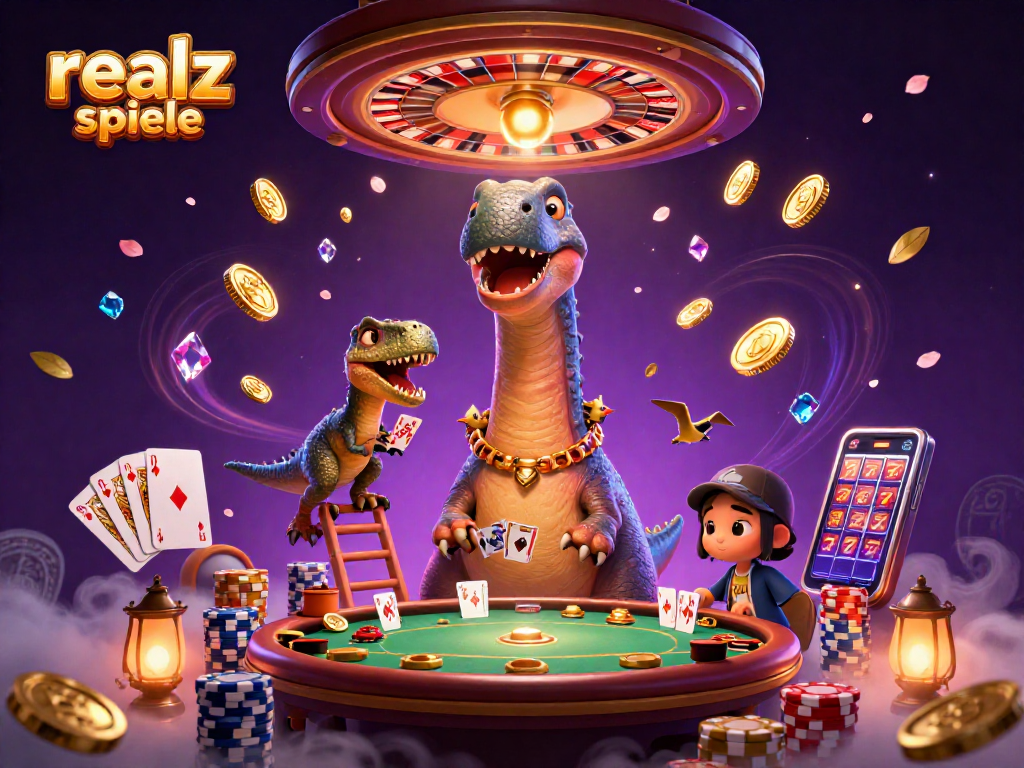 Erlebe aufregende realz casino spiele mit einem Brontosaurus, der durch das Casino schaut, während ein cleverer Raptor Karten verteilt.