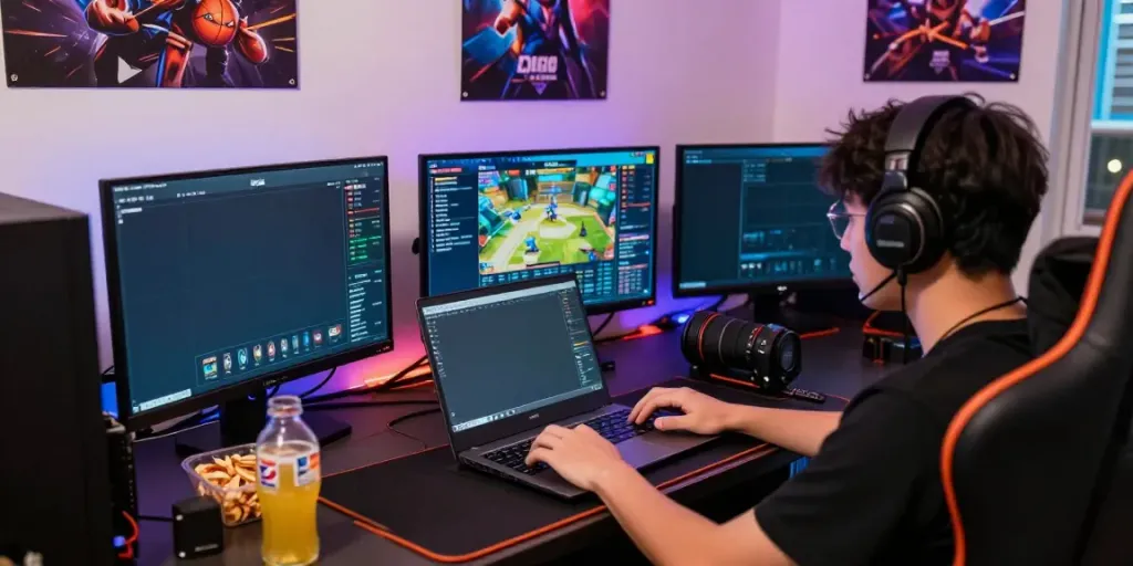 Player engaged in Du88 online gaming with dynamic setup and snacks.