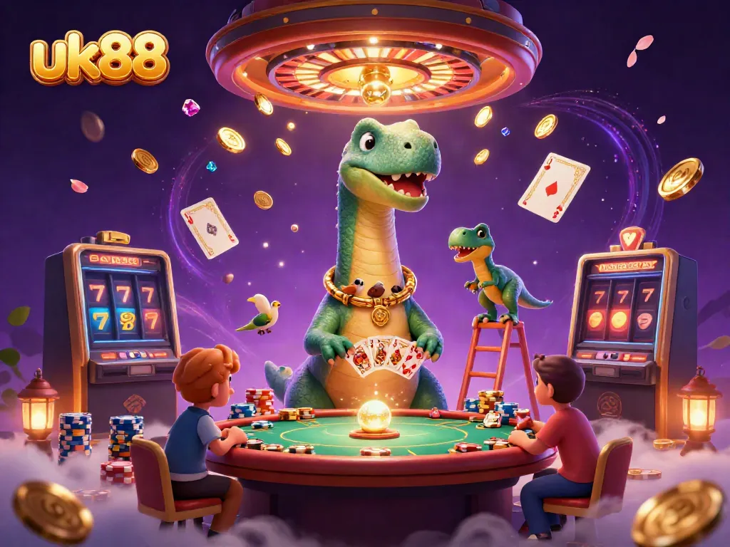 Experience a thrilling gaming adventure with uk88, featuring vibrant casino elements, energetic characters, and immersive design.