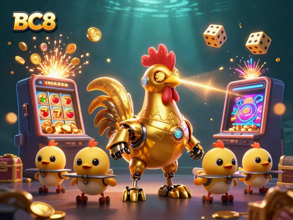 Engage with thrilling slots and casino games at BC8 featuring dynamic characters in a vibrant scene.