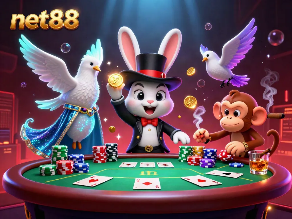 Magician rabbit pulling coins as net88 shines brightly, harmonizing casino vibes with lively characters.