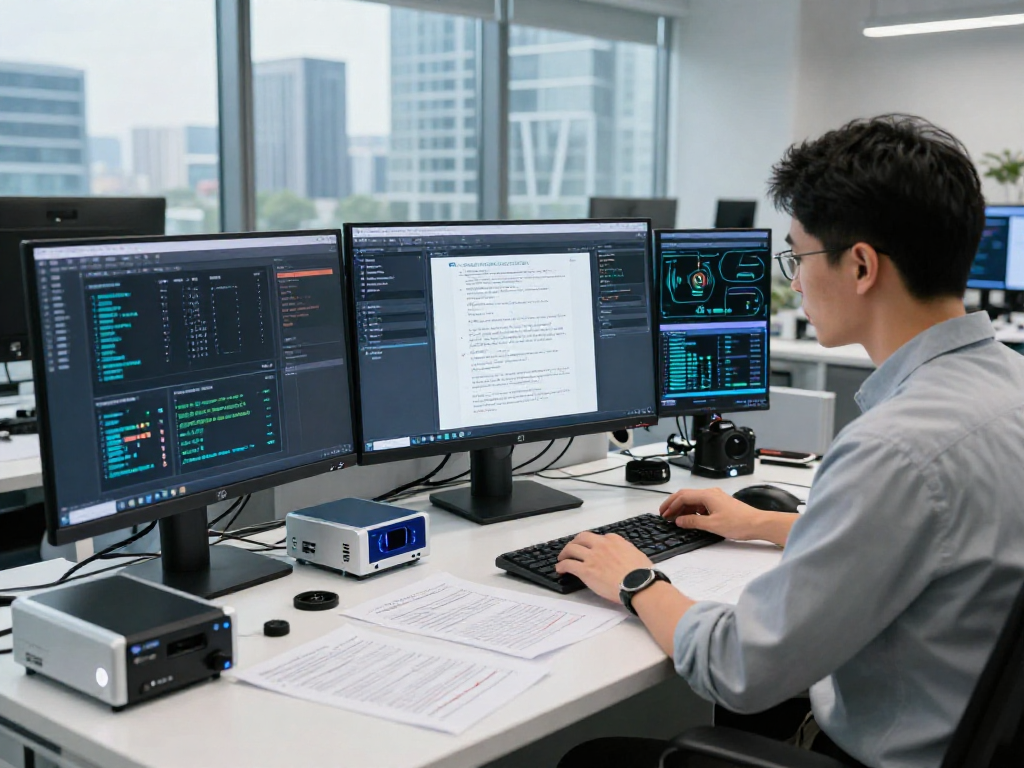 Advanced document fraud detection analysis with forensic expert using high-tech tools in a secure workspace.