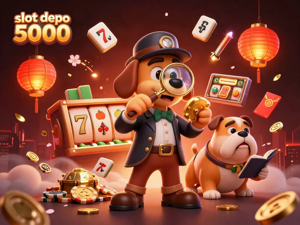 Engage with exciting slot depo 5000 as a bloodhound detective uncovers hidden treasures in a bustling casino scene.
