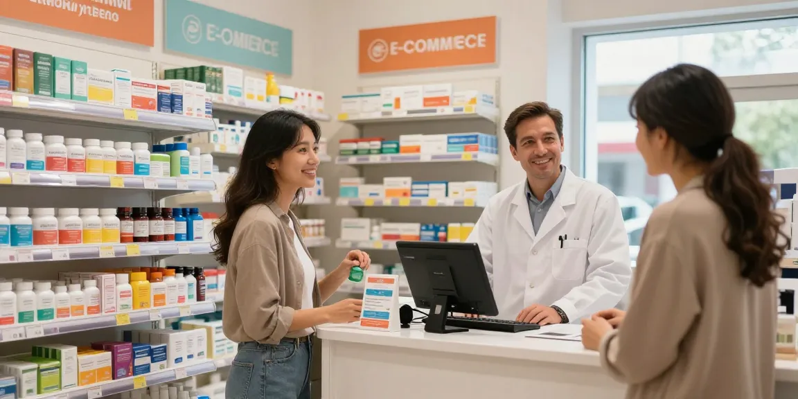 Verkaufsfördernde Szene im Selliza Pharma Shop, gesundheitsbewusste Kunden erkunden die Regale mit Nahrungsergänzungsmitteln und pharmazeutischen Produkten.