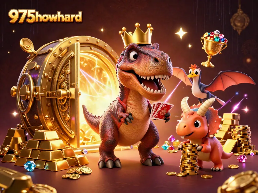 Experience the excitement of winning at 975howard with a vibrant illustration of a T-Rex shuffling cards.