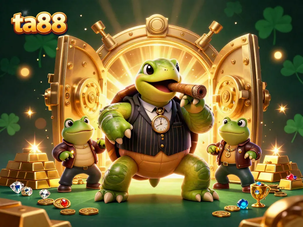 Experience the excitement of ta88 with a 3D cartoon turtle mobster and bullfrog enforcers amidst diamonds and gold.