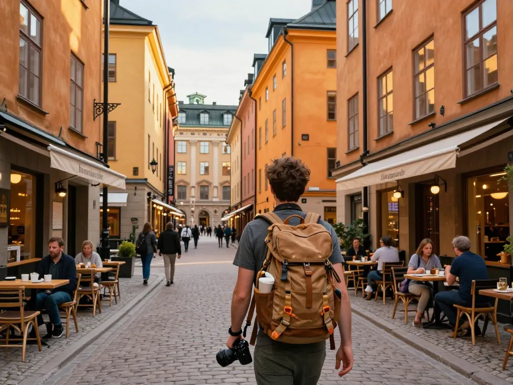 Reisetipps Stockholm: Ein Reisender genießt die historischen Straßen und die lebendige Atmosphäre von Gamla Stan während der goldenen Stunde.
