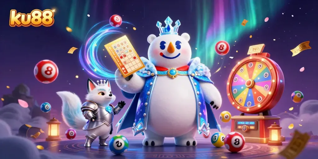 Engage in thrilling games at ku88 with an exciting 3D digital illustration showcasing a polar bear and snow fox.
