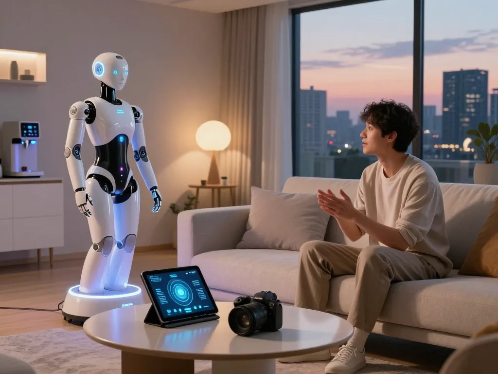 Human interacting with an advanced sex bot in a modern living space, showcasing futuristic technology and companionship.