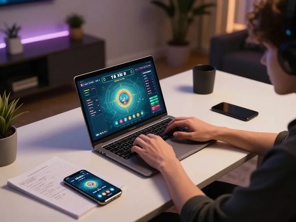 Engaging in game tài xỉu online, this player analyzes strategies on a laptop at home, promoting responsible gambling