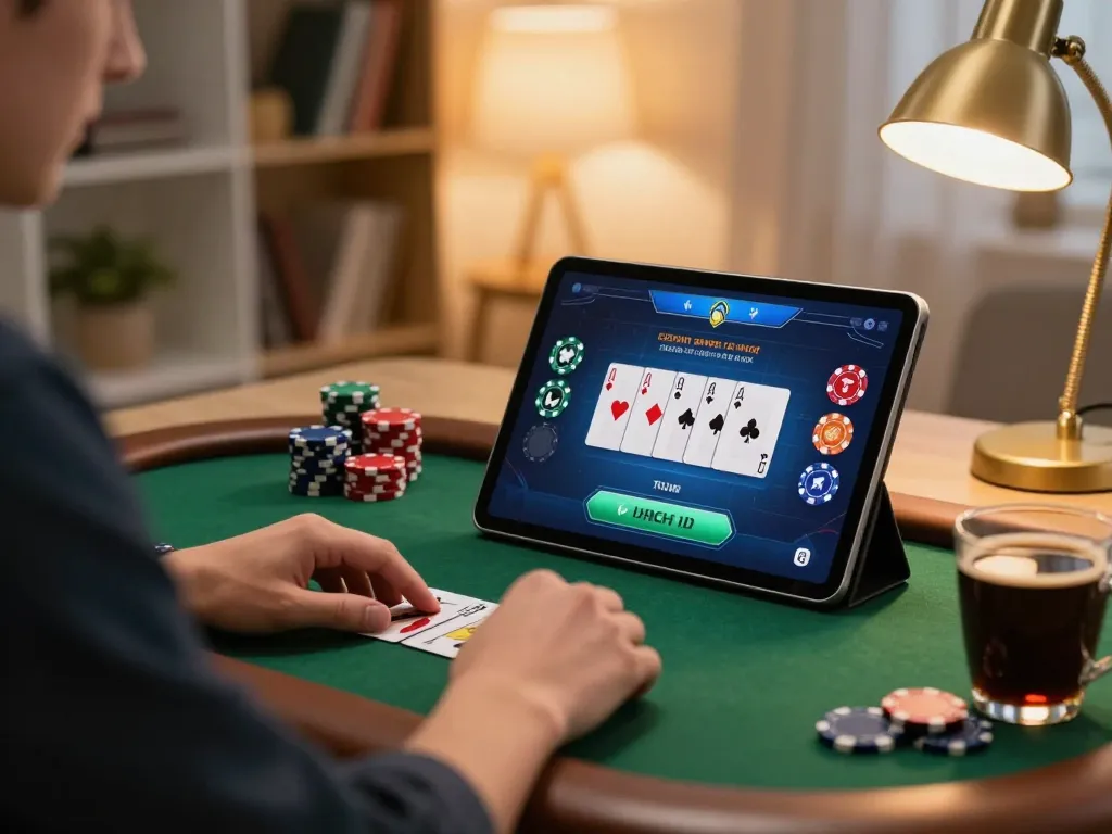 Engaging in online poker gameplay at home using https://go8.onl/ with vibrant tablet interface and cozy ambiance.