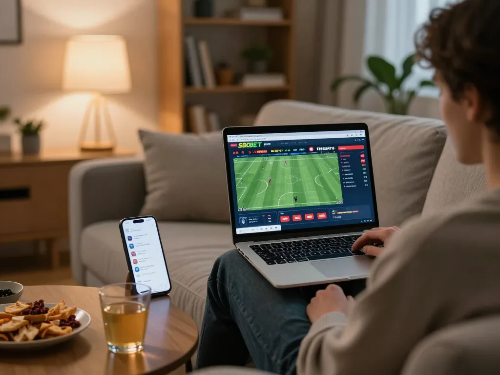 Pengguna SBOBET menganalisis peluang taruhan olahraga langsung dari laptop di setting rumah yang nyaman