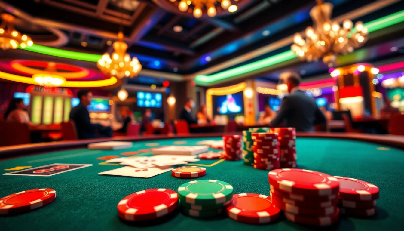 Spannende casinospielen mit bunten Spielchips und Karten an einem Tisch erleben.