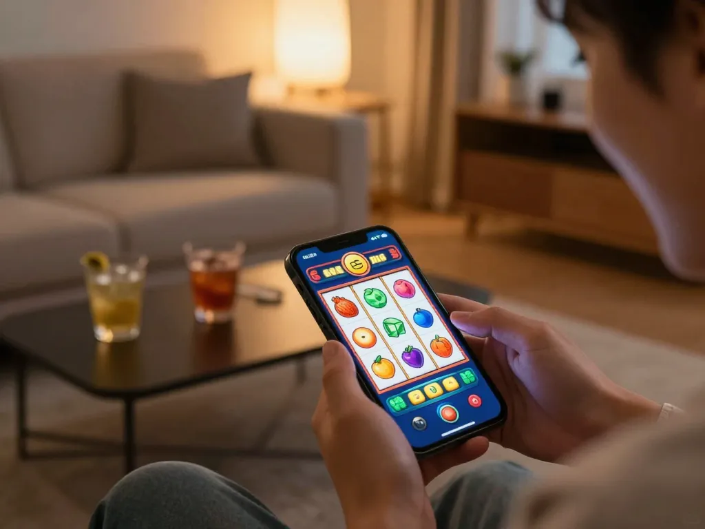 Excited player spinning virtual slots with ee88go on smartphone in a cozy home atmosphere.