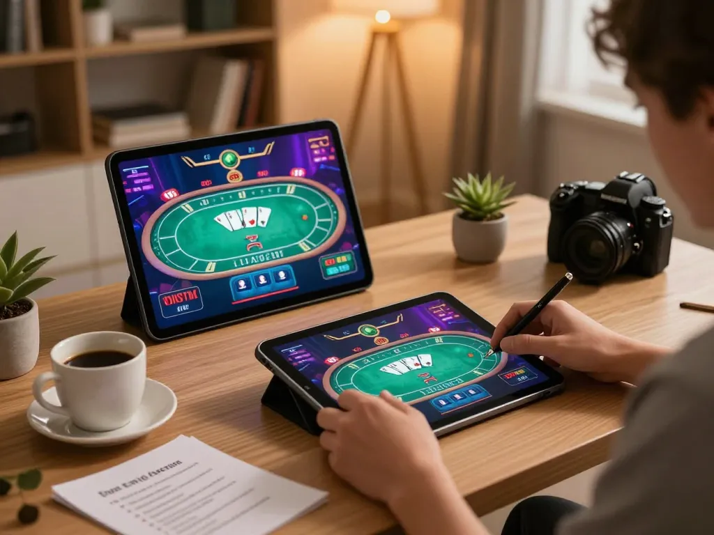 Player engaged in HELLO88 online casino gaming, showcasing strategy notes and a vibrant game interface.