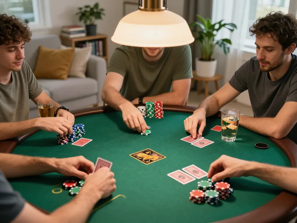 Players placing bets while enjoying poker night at home, showcasing nhà cái 98win atmosphere and excitement.