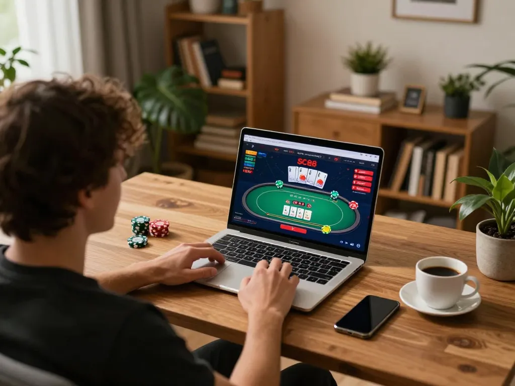 Player engaging in SC88 online casino game from home, showcasing a vibrant gaming atmosphere
