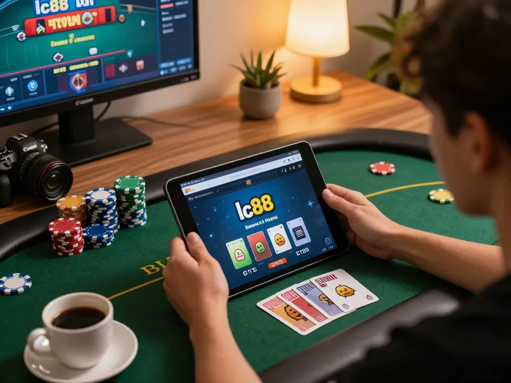 Player accessing link vào lc88 on tablet during online poker session, detailed gameplay visible.