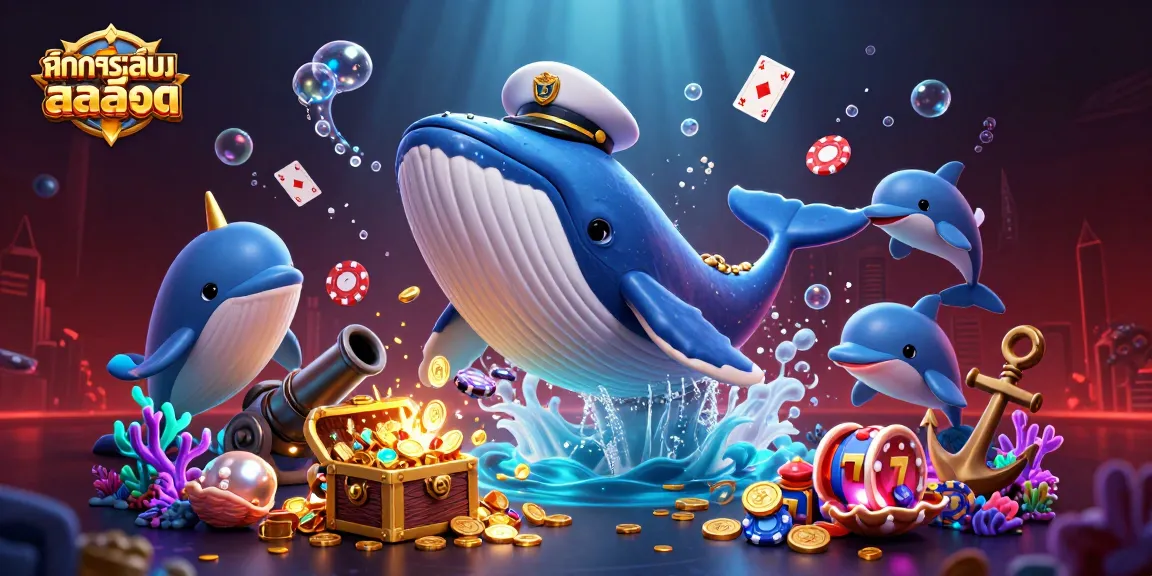 Engage in ทดลองเล่นสล็อต with captivating visuals of a 3D whale and playful dolphins amidst vibrant casino elements.