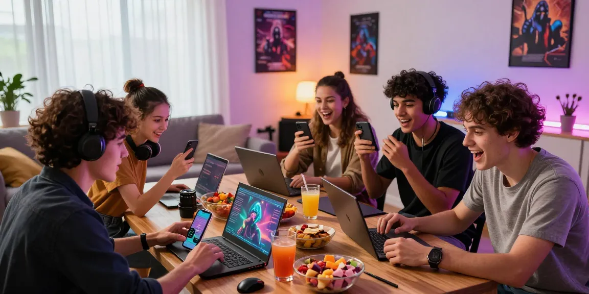 Friends enjoying gaming session with devices and snacks at https://b52club.radio.fm/ in vibrant living room.