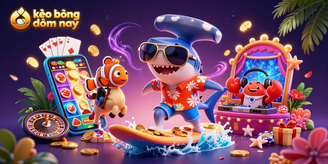 Bet on kèo bóng đá hôm nay with vibrant 3D illustration showcasing sports betting elements and ocean-themed characters.