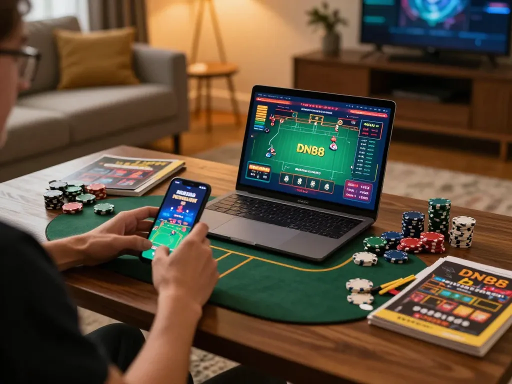 Engaging with the trang chủ dn88 online casino platform during strategic gameplay at home