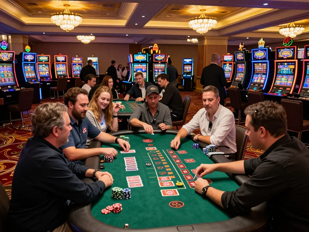 f168 players enjoying action-packed blackjack and roulette games on a vibrant casino floor