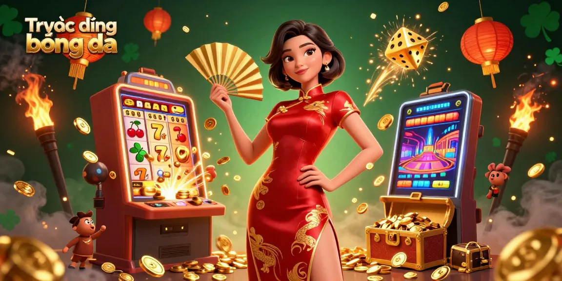 Experience the thrill of Trực tiếp bóng đá with a captivating illustration showcasing a vibrant Asian woman in an energetic casino atmosphere.