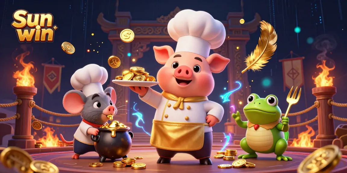 Sun win, experience thrilling casino action with cartoon chef pig serving gold coins in a vibrant setting.